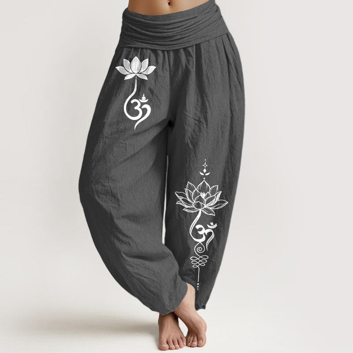Buddha Stones Bawełniane spodnie haremki damskie z elastycznym pasem i wzorem kwiatu lotosu - DimGray - US16, UK/AU20, EU48 (3XL) - image 0