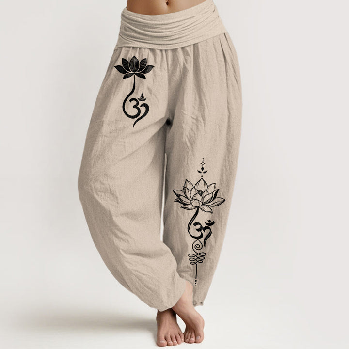 Buddha Stones Bawełniane spodnie haremki damskie z elastycznym pasem i wzorem kwiatu lotosu - Dębnik - US16, UK/AU20, EU48 (3XL) - image 11