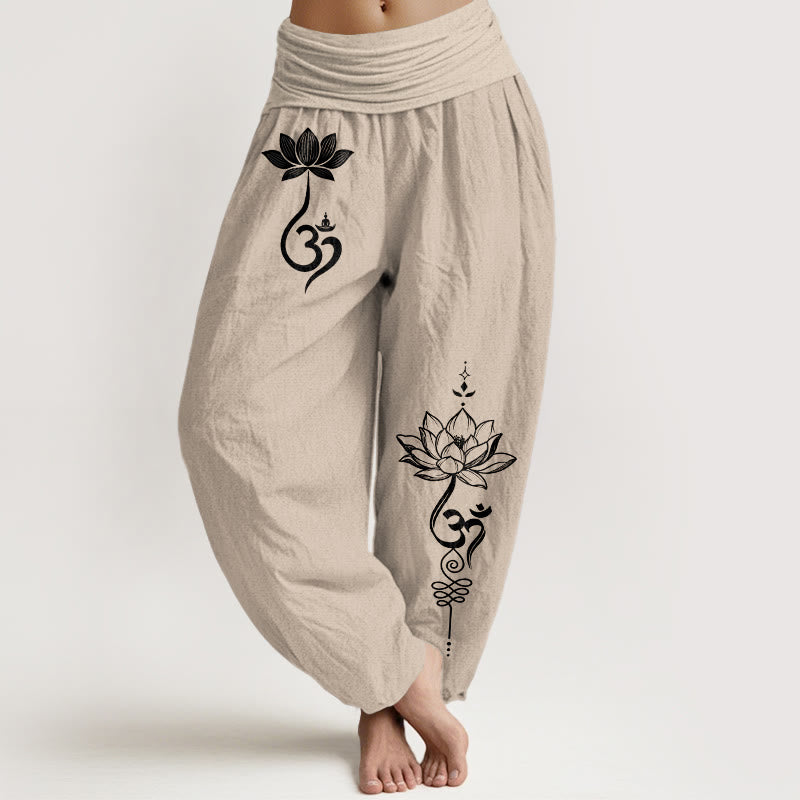Buddha Stones Bawełniane spodnie haremki damskie z elastycznym pasem i wzorem kwiatu lotosu - Dębnik - US16, UK/AU20, EU48 (3XL) - image 11