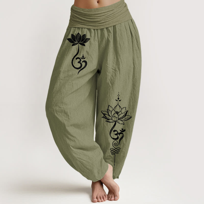 Buddha Stones Bawełniane spodnie haremki damskie z elastycznym pasem i wzorem kwiatu lotosu - Oliwkowy - US16, UK/AU20, EU48 (3XL) - image 14