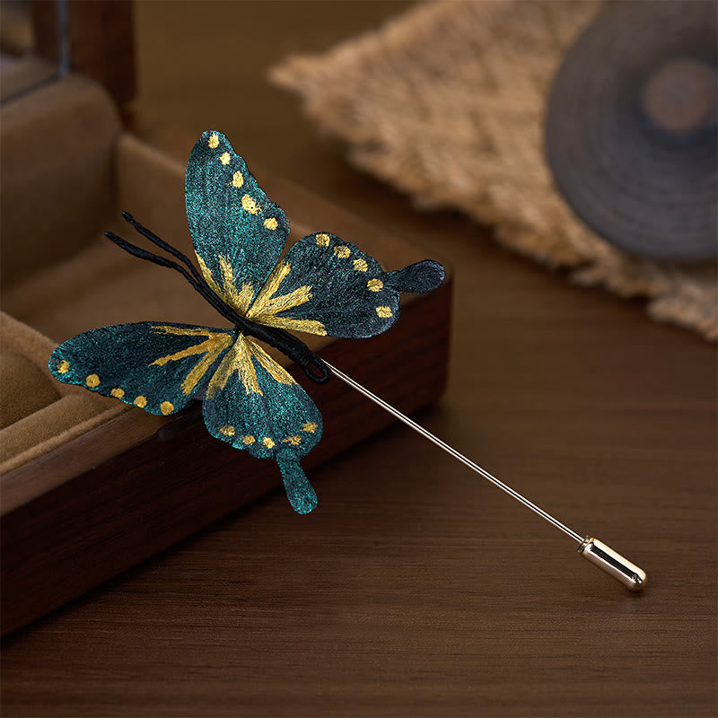 Buddha Stones Ręcznie wykonana broszka z jedwabiu w kolorze złotym i niebieskim z motywem motyla - image 1