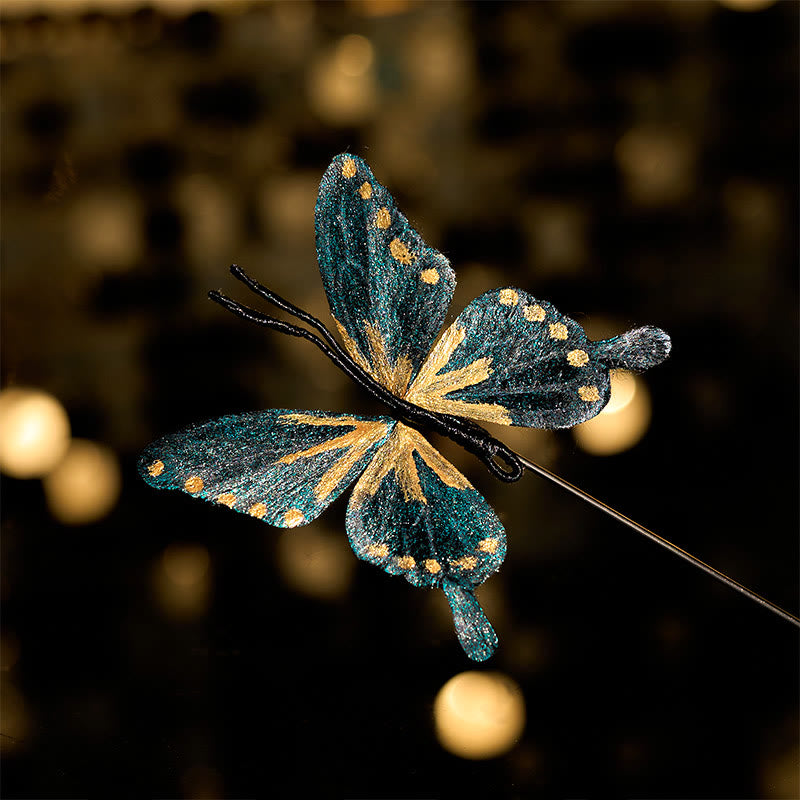 Buddha Stones Ręcznie wykonana broszka z jedwabiu w kolorze złotym i niebieskim z motywem motyla - Motyl złocisto-niebieski ok. 7-8 cm - image 0