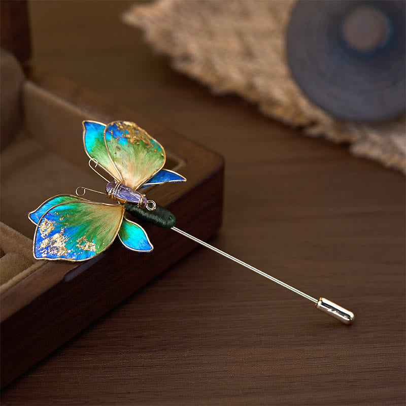 Buddha Stones Ręcznie wykonana broszka z jedwabiu w kolorze niebieskim i zielonym z motywem motyla w formie aksamitnego kwiatu - image 1