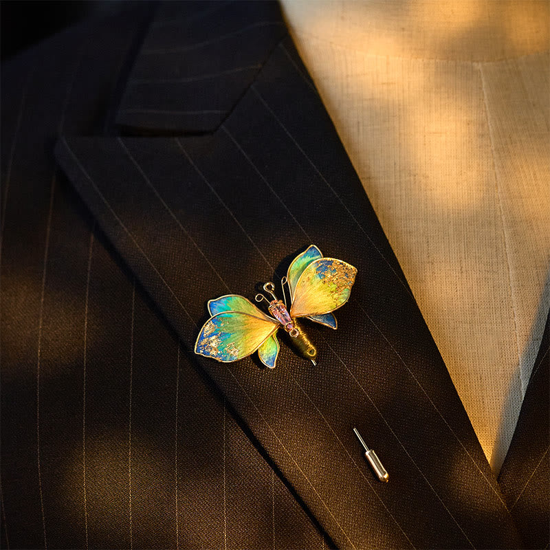 Buddha Stones Ręcznie wykonana broszka z jedwabiu w kolorze niebieskim i zielonym z motywem motyla w formie aksamitnego kwiatu - image 3