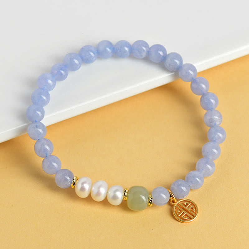 Buddha Stones Bransoletka energetyczna z koralików perłowych z niebieskiego chalcedonu - image 2
