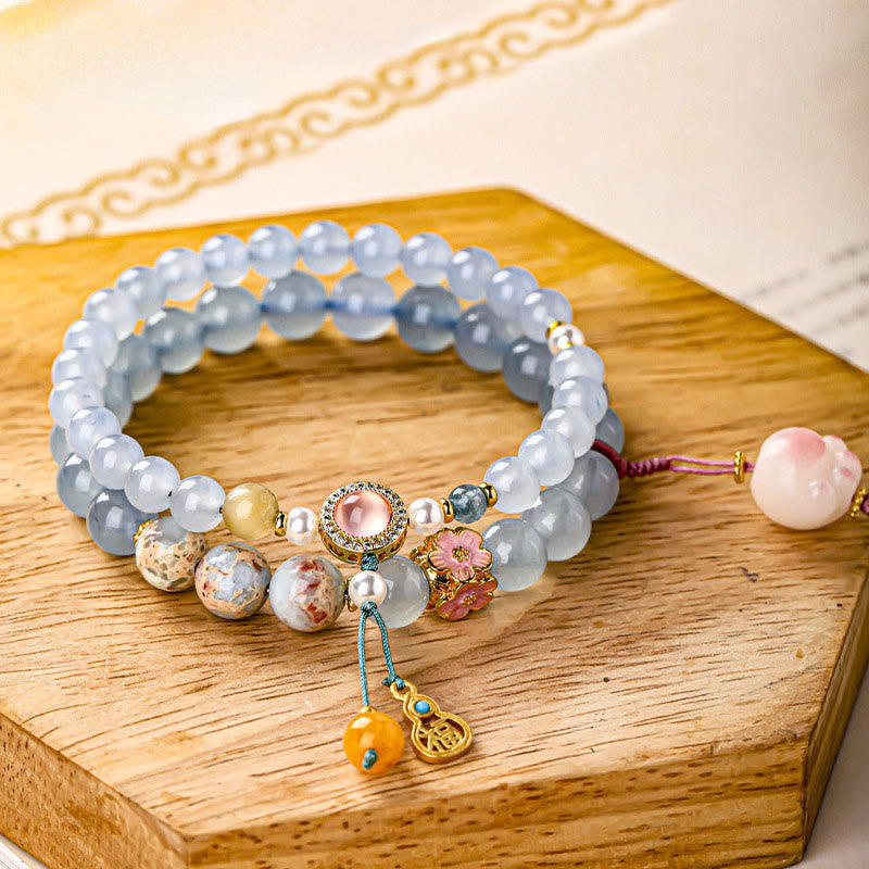 Buddha Stones Bransoletka lecznicza z niebieskim chalcedonem i postacią Fu w kształcie kociej łapki - Kocia łapka (obwód nadgarstka: 14-15 cm) - image 0