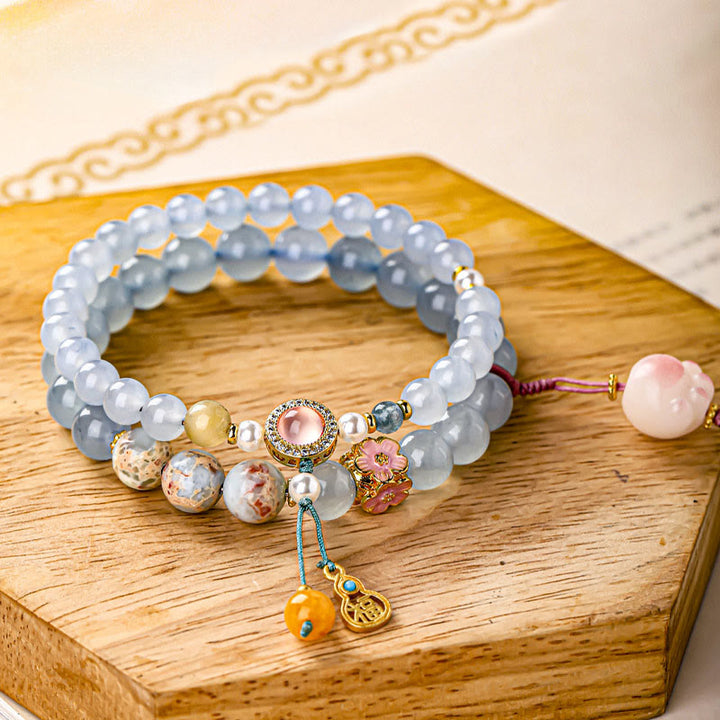 Buddha Stones Bransoletka lecznicza z niebieskim chalcedonem i postacią Fu w kształcie kociej łapki - Kocia łapka (obwód nadgarstka: 14-15 cm) - image 0