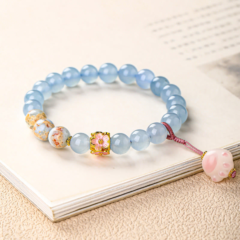 Buddha Stones Bransoletka lecznicza z niebieskim chalcedonem i postacią Fu w kształcie kociej łapki - image 1