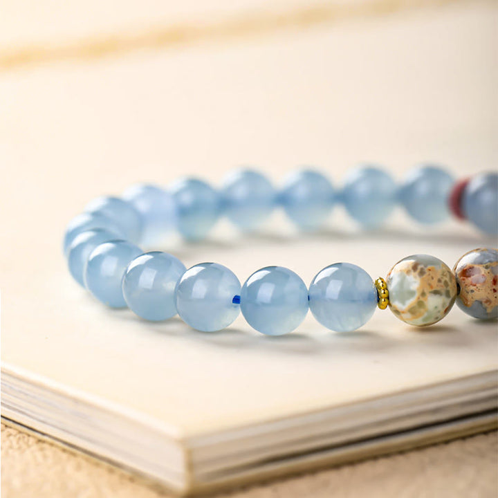 Buddha Stones Bransoletka lecznicza z niebieskim chalcedonem i postacią Fu w kształcie kociej łapki - image 6
