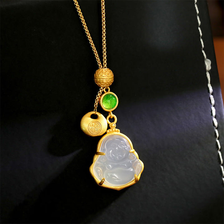 Buddha Stones Naszyjnik z wisiorkiem z miedzi i chalcedonu z postacią Śmiejącego się Buddy - Śmiejący się Budda (rozmiar: około 4,5*2 cm) - image 0