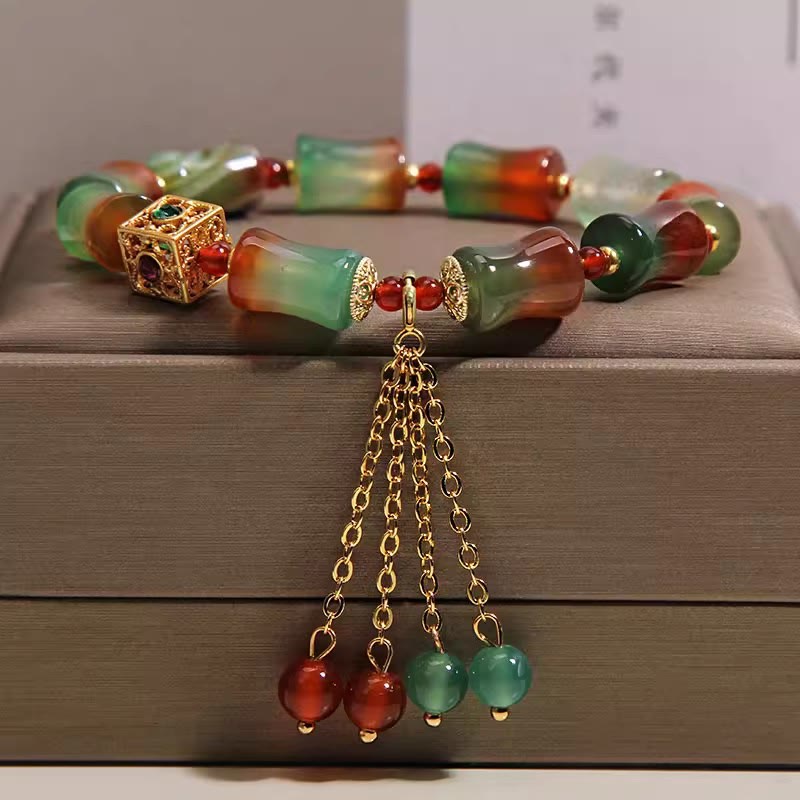 Buddha Stones Kolorowa bransoletka z koralików bambusowych z agatu pawiego i frędzlami Courage - Agat pawi (obwód nadgarstka 14-16 cm) - image 0