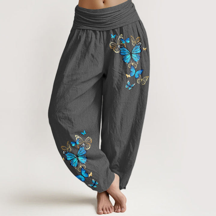 Buddha Stones Spodnie damskie typu harem z bawełny z wzorem motyli i elastyczną talią - DimGray - US16, UK/AU20, EU48 (3XL) - image 8