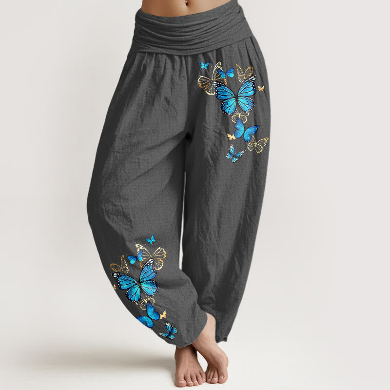 Buddha Stones Spodnie damskie typu harem z bawełny z wzorem motyli i elastyczną talią - DimGray - US16, UK/AU20, EU48 (3XL) - image 8