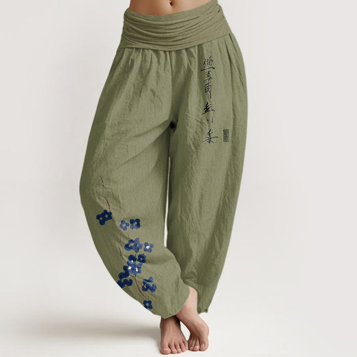 Buddha Stones Spodnie damskie harem z elastycznej talii z nadrukiem śliwkowym w kaligrafię - Oliwkowy - US16, UK/AU20, EU48 (3XL) - image 14