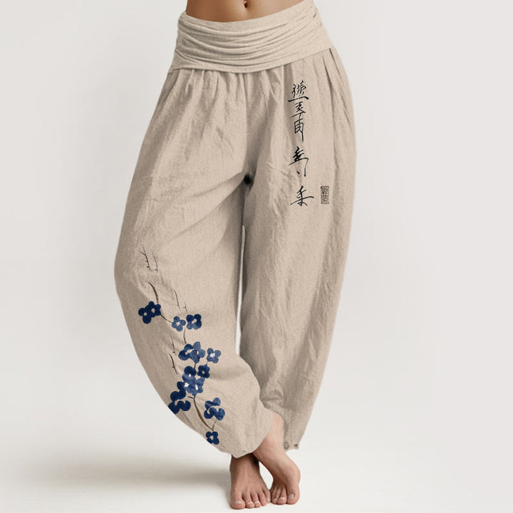 Buddha Stones Spodnie damskie harem z elastycznej talii z nadrukiem śliwkowym w kaligrafię - Dębnik - US16, UK/AU20, EU48 (3XL) - image 0