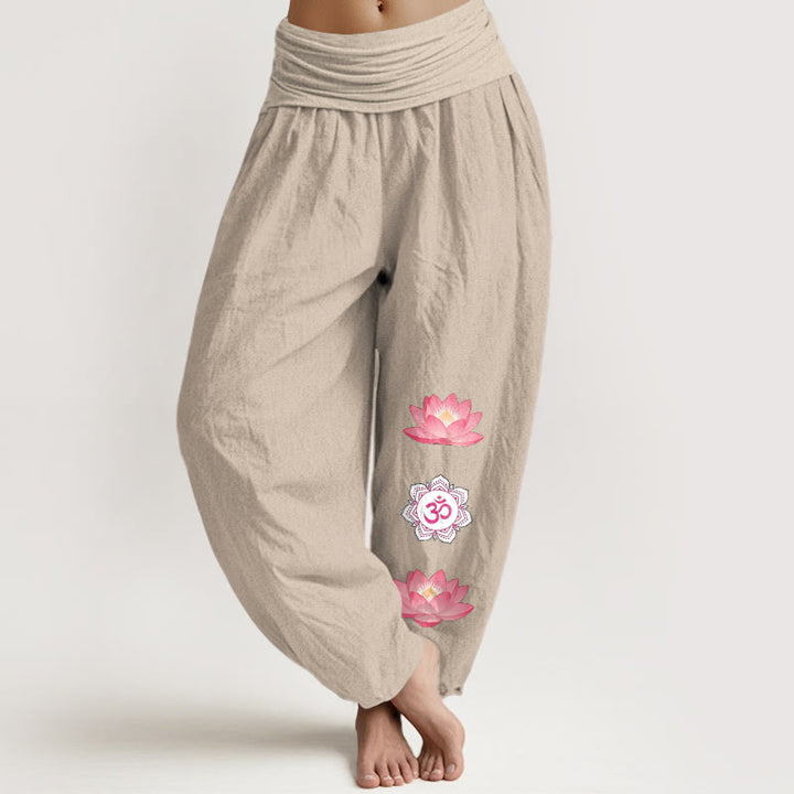 Buddha Stones Spodnie damskie typu harem z bawełny Om z elastycznym pasem i wzorem w kwiaty lotosu - Dębnik - US16, UK/AU20, EU48 (3XL) - image 11