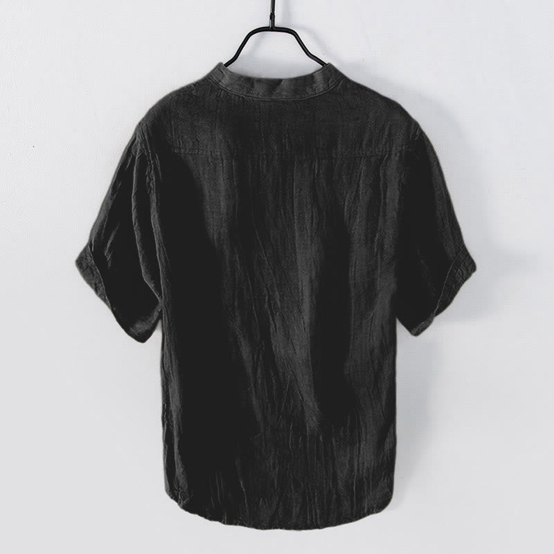 Koszula z krótkim rękawem w jednolitym kolorze z krótkim rękawem i półguzikiem, bawełniano-lniana, męska, z Buddha Stones - image 22