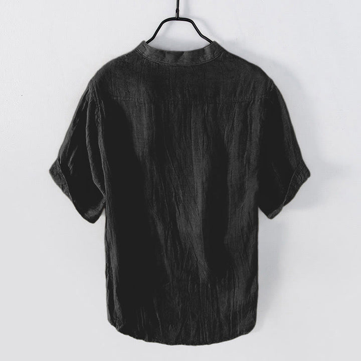 Koszula z krótkim rękawem w jednolitym kolorze z krótkim rękawem i półguzikiem, bawełniano-lniana, męska, z Buddha Stones - image 22