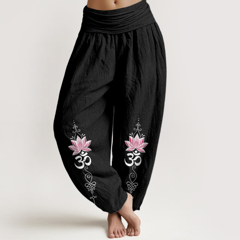 Buddha Stones Bawełniane spodnie haremki damskie z elastyczną talią i wzorem kwiatu lotosu w sanskrycie OM - Czarny - US16, UK/AU20, EU48 (3XL) - image 5