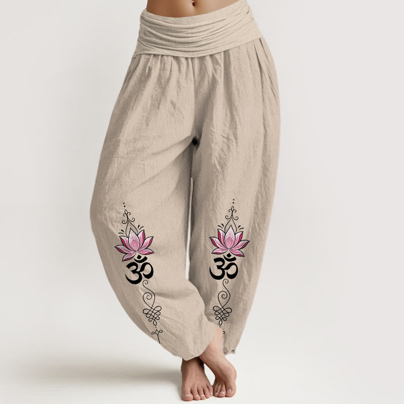 Buddha Stones Bawełniane spodnie haremki damskie z elastyczną talią i wzorem kwiatu lotosu w sanskrycie OM - Dębnik - US16, UK/AU20, EU48 (3XL) - image 14
