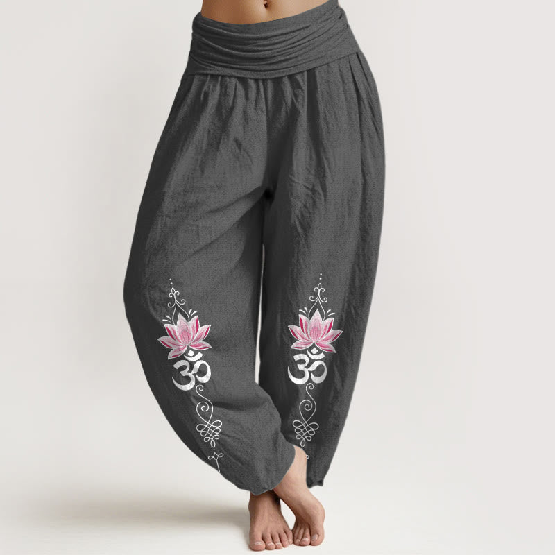Buddha Stones Bawełniane spodnie haremki damskie z elastyczną talią i wzorem kwiatu lotosu w sanskrycie OM - DimGray - US16, UK/AU20, EU48 (3XL) - image 11