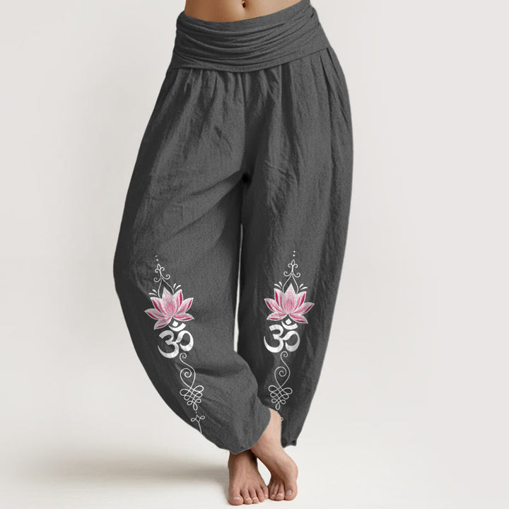 Buddha Stones Bawełniane spodnie haremki damskie z elastyczną talią i wzorem kwiatu lotosu w sanskrycie OM - DimGray - US16, UK/AU20, EU48 (3XL) - image 11