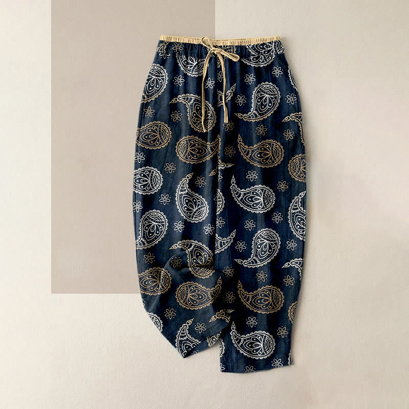 Buddha Stones Eleganckie damskie spodnie z elastycznej talii z kieszeniami, z czystej bawełny, we wzór paisley - Ciemnoniebieski - US16, UK/AU20, EU48 (3XL) - image 0
