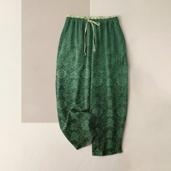 Buddha Stones Spodnie damskie z elastycznej talii z kieszeniami, z czystej bawełny, w stylu retro, z dekoracyjnym wzorem kwiatowym - SeaGreen - US16, UK/AU20, EU48 (3XL) - image 5