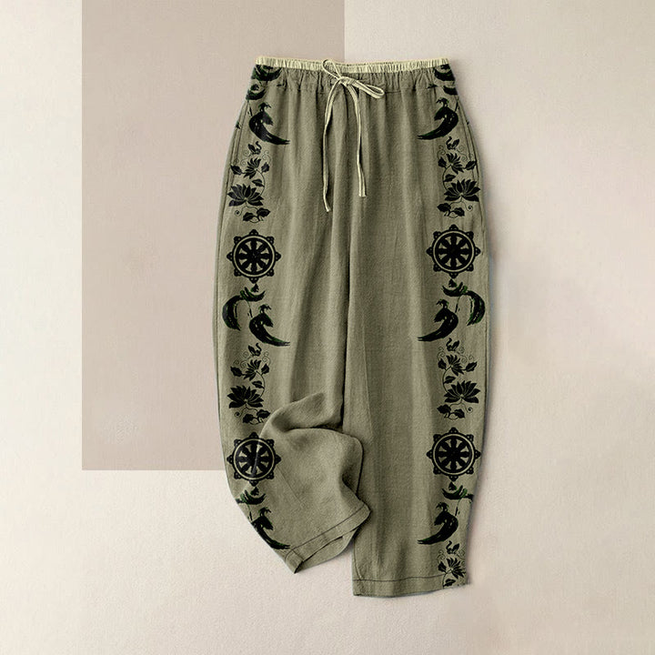 Buddha Stones Bawełniane, casualowe spodnie damskie z elastyczną talią i kieszeniami, z motywem koła Dharmy i lotosu OM - Ciemny Khaki - US16, UK/AU20, EU48 (3XL) - image 4