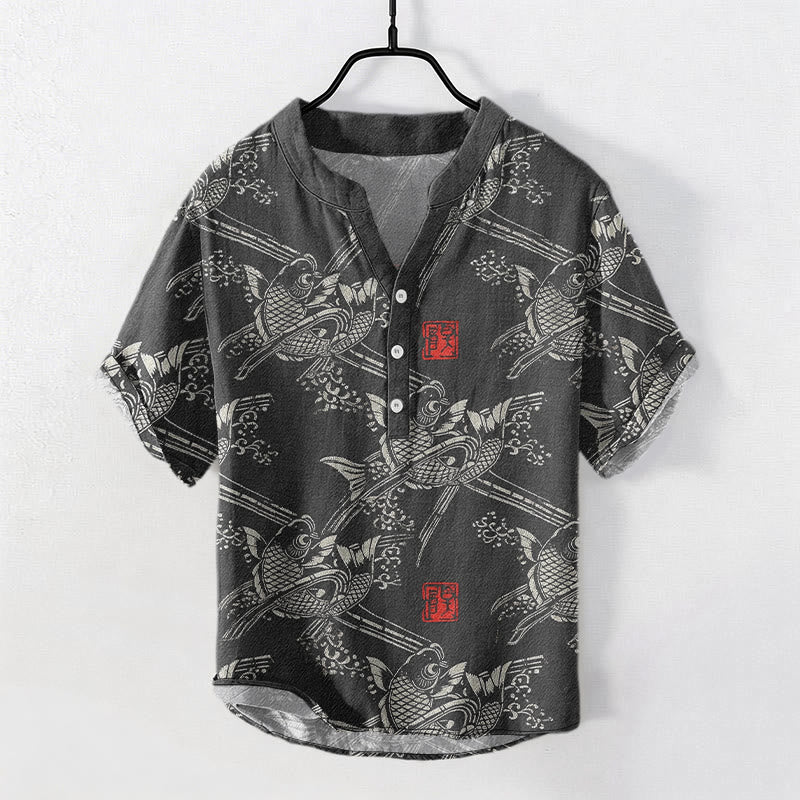 Buddha Stones Koszula męska z krótkim rękawem i nadrukiem ryby koi z bambusa, bawełniana, zapinana na pół guzika - Czarny - US/UK/AU50, EU60 (5XL) - image 0
