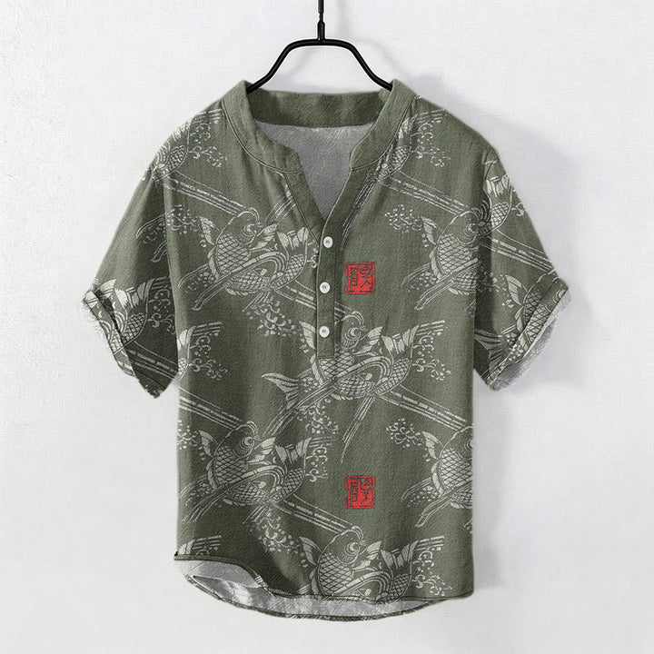 Buddha Stones Koszula męska z krótkim rękawem i nadrukiem ryby koi z bambusa, bawełniana, zapinana na pół guzika - DarkSeaGreen - US/UK/AU50, EU60 (5XL) - image 4