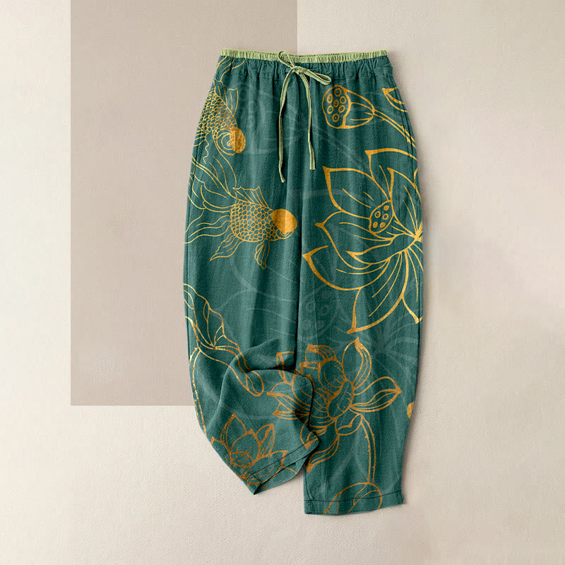 Buddha Stones Spodnie damskie z elastycznej talii z motywem liści lotosu i rybki koi z bawełny, z kieszeniami - Ciemnocyjanowy - US16, UK/AU20, EU48 (3XL) - image 0