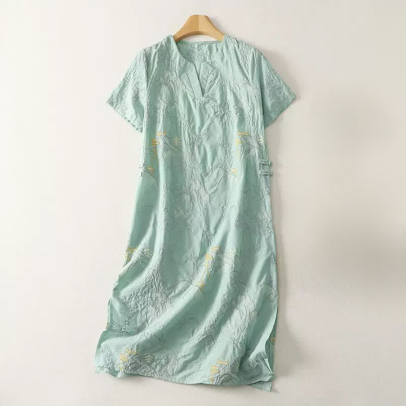 Buddha Stones Letnia bawełniana sukienka midi z krótkim rękawem i dekoltem w serek, kwiatowym wzorem i kieszeniami - PaleTurquoise - US8-10，UK/AU12-14，EU40-42 (2XL) - image 11