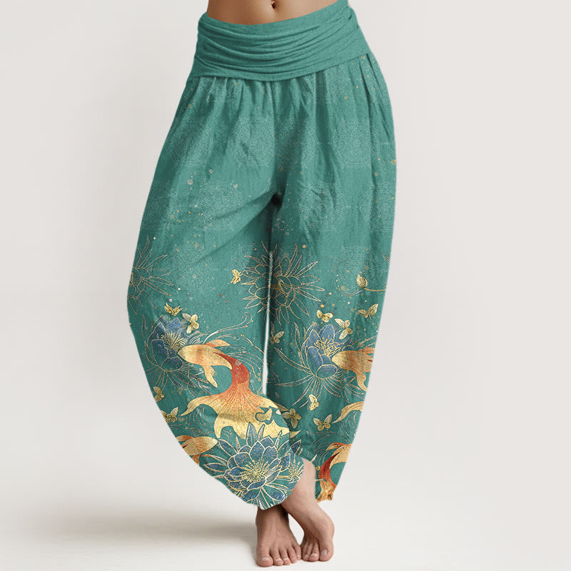 Buddha Stones Bawełniane spodnie haremki damskie z elastyczną talią i wzorem motyla koi z motywem lotosu - CadetBlue - US16, UK/AU20, EU48 (3XL) - image 5