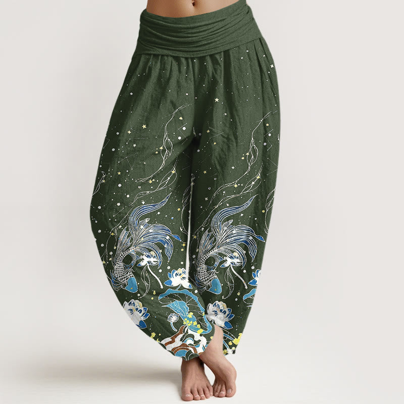 Buddha Stones Spodnie haremowe damskie z bawełny z elastyczną talią i motywem rozgwieżdżonego nieba i fal koi - DarkOliveGreen - US16, UK/AU20, EU48 (3XL) - image 5