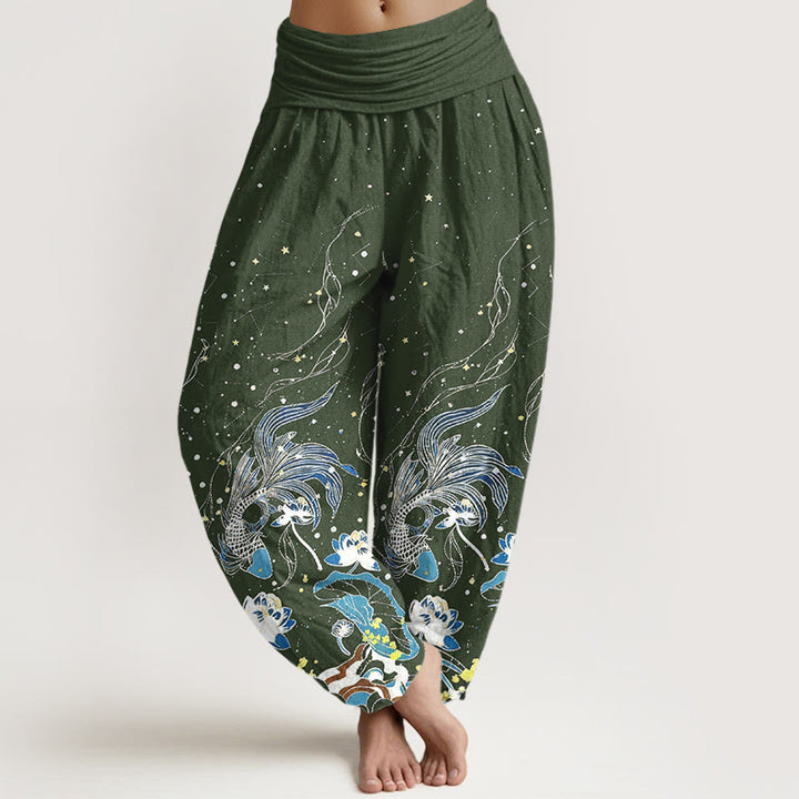 Buddha Stones Spodnie haremowe damskie z bawełny z elastyczną talią i motywem rozgwieżdżonego nieba i fal koi - DarkOliveGreen - US16, UK/AU20, EU48 (3XL) - image 5