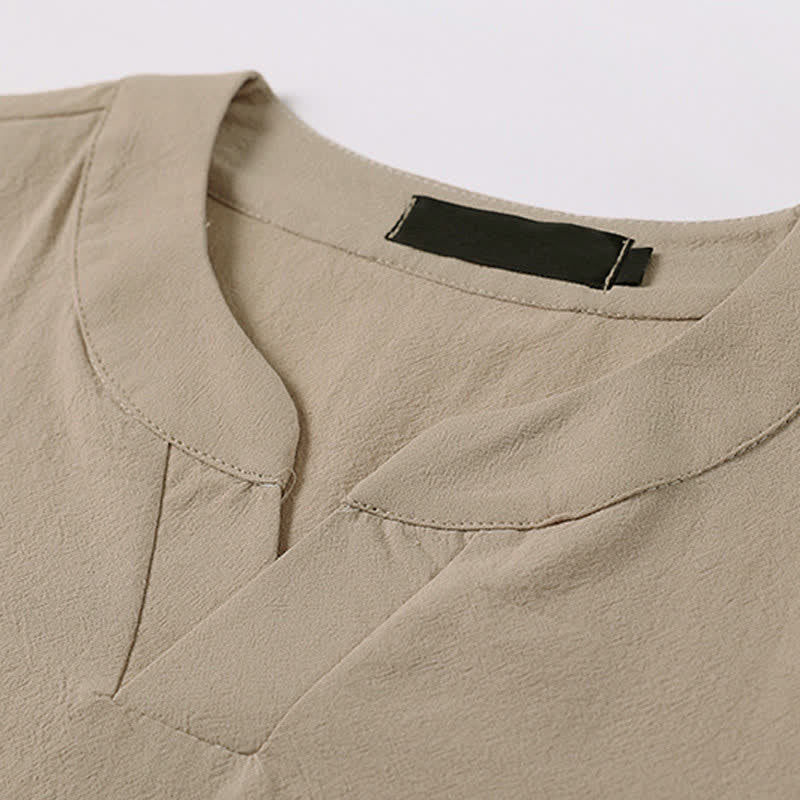 Buddha Stones Letnia męska koszulka z bawełny lnianej z krótkim rękawem i haftowanym kołnierzykiem - image 6