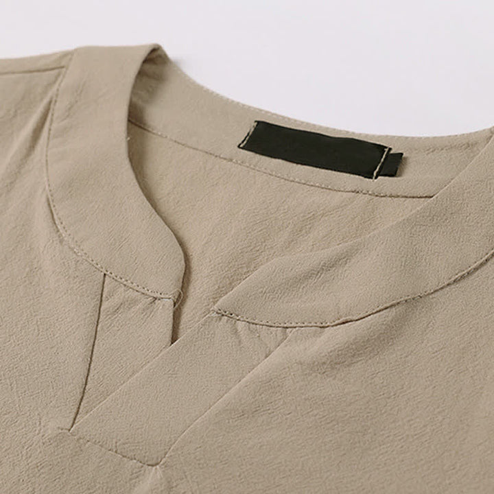 Buddha Stones Letnia męska koszulka z bawełny lnianej z krótkim rękawem i haftowanym kołnierzykiem - image 6