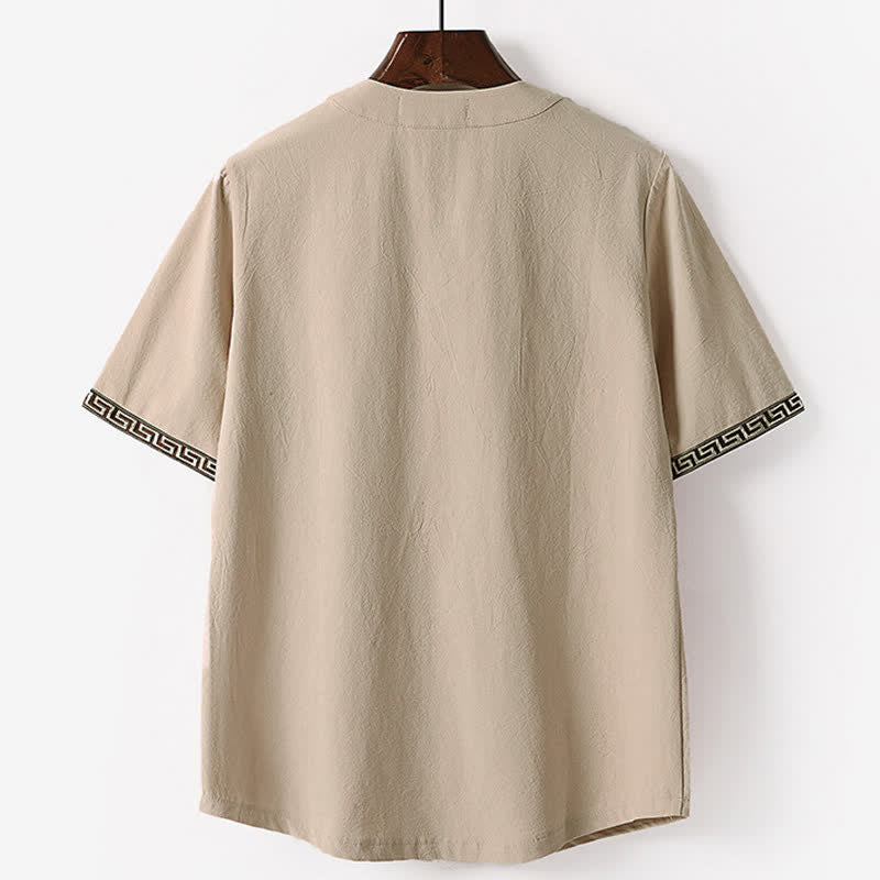 Buddha Stones Letnia męska koszulka z bawełny lnianej z krótkim rękawem i haftowanym kołnierzykiem - image 5