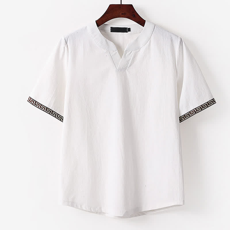 Buddha Stones Letnia męska koszulka z bawełny lnianej z krótkim rękawem i haftowanym kołnierzykiem - Biały - USA/ UK/AU56, EU66 (9XL) - image 1