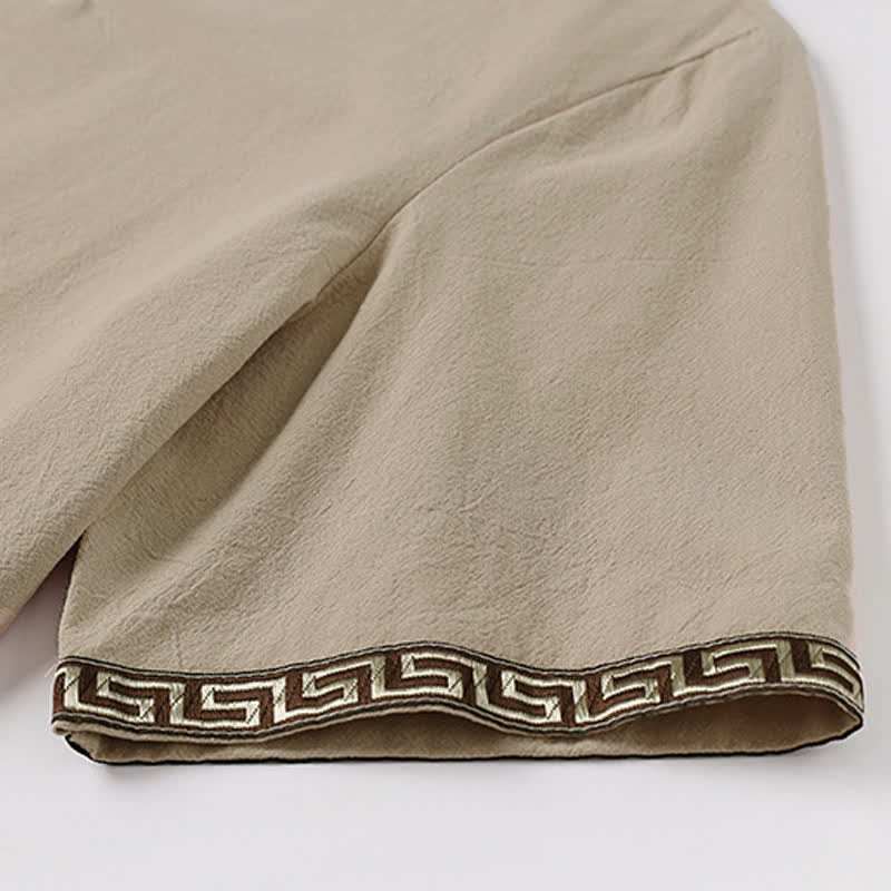 Buddha Stones Letnia męska koszulka z bawełny lnianej z krótkim rękawem i haftowanym kołnierzykiem - image 8