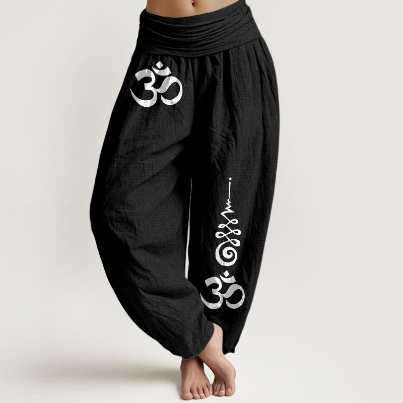 Buddha Stones Spodnie damskie typu harem z elastyczną talią i wzorem linii energetycznych OM firmy Cotton Calm - Czarny - US16, UK/AU20, EU48 (3XL) - image 0