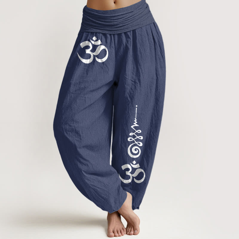 Buddha Stones Spodnie damskie typu harem z elastyczną talią i wzorem linii energetycznych OM firmy Cotton Calm - DarkSlateBlue - US16, UK/AU20, EU48 (3XL) - image 5