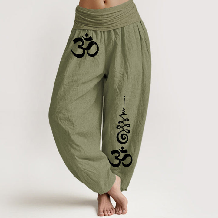 Buddha Stones Spodnie damskie typu harem z elastyczną talią i wzorem linii energetycznych OM firmy Cotton Calm - Oliwkowy - US16, UK/AU20, EU48 (3XL) - image 14