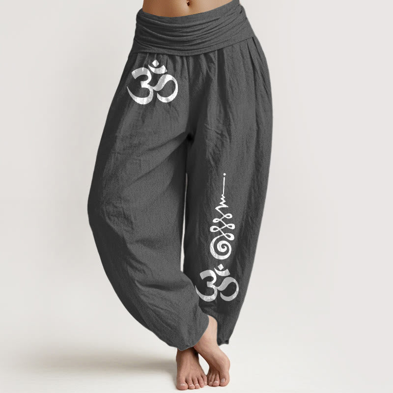 Buddha Stones Spodnie damskie typu harem z elastyczną talią i wzorem linii energetycznych OM firmy Cotton Calm - DimGray - US16, UK/AU20, EU48 (3XL) - image 8