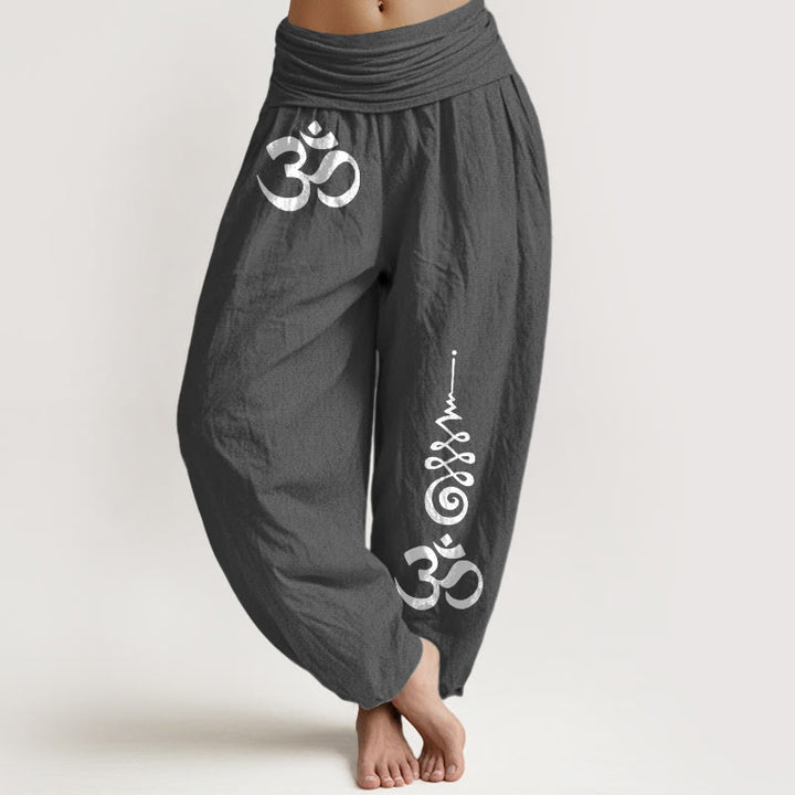 Buddha Stones Spodnie damskie typu harem z elastyczną talią i wzorem linii energetycznych OM firmy Cotton Calm - DimGray - US16, UK/AU20, EU48 (3XL) - image 8