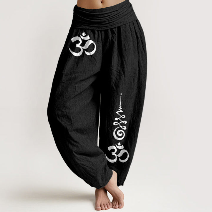 Buddha Stones Spodnie damskie typu harem z elastyczną talią i wzorem linii energetycznych OM firmy Cotton Calm - Czarny - US16, UK/AU20, EU48 (3XL) - image 0