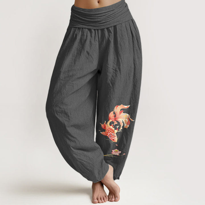 Buddha Stones Spodnie damskie typu harem z elastyczną talią i wzorem ryby koi z motywem lotosu Cotton Luck - DimGray - US16, UK/AU20, EU48 (3XL) - image 8