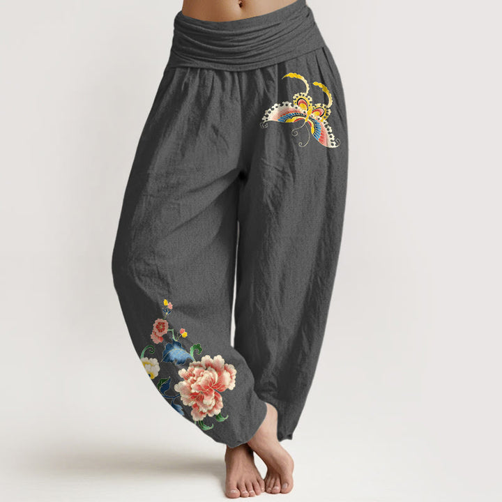 Buddha Stones Bawełniane spodnie haremki damskie z elastyczną talią i wzorem motyla w kwiaty piwonii - DimGray - US16, UK/AU20, EU48 (3XL) - image 11