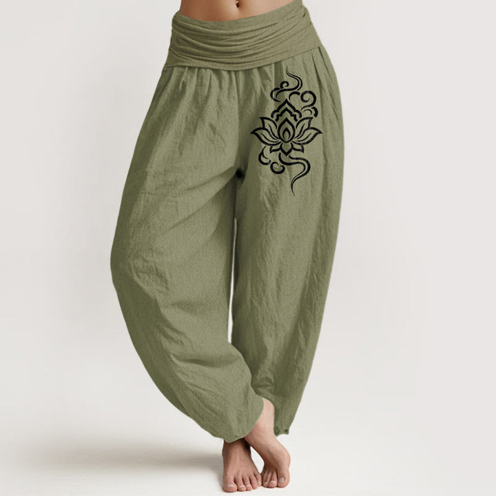 Buddha Stones Spodnie damskie typu harem z bawełny w prosty wzór lotosu z elastyczną talią - Oliwkowy - US16, UK/AU20, EU48 (3XL) - image 14